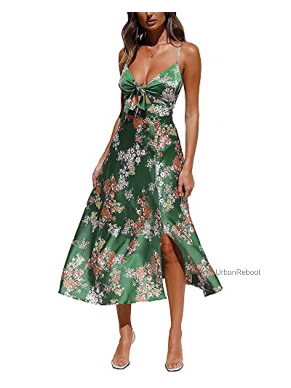 Women Satin Midi Dress Spaghetti Strap Tie Front Slit Floral